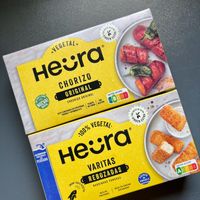 I bought two Heura products at a discount in La Sirena — "fish" sticks and chorizo "sausages", both are delicious at La Sirena in Premia De Mar