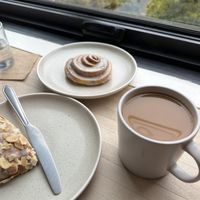 Cinnamon bun, almond pastry, and many other pastries and coffee/tea options, all vegan! Such a major lack of plant-based cafés and breakfast spots anywhere east of Quebec.   at Bramble Cafe in Halifax