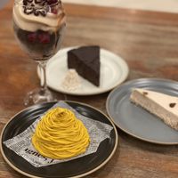 Desserts: chocolate cake, cheese cake, parfait and pumpkin cream   at CHOICE in Kyoto