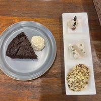 Chocolate cake and a cheese selection.   at CHOICE in Kyoto