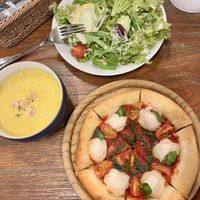 Pizza, corn soup & medium salad  at CHOICE in Kyoto