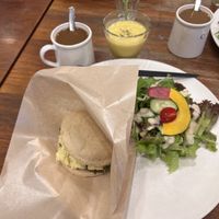 Vegan egg salad sandwich, salad, coffee, and corn soup  at CHOICE in Kyoto