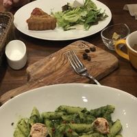 Pesto pasta and quiche with salad at CHOICE in Kyoto