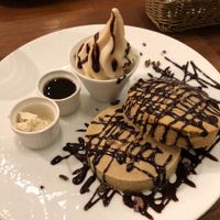 Chocolate pancake with vegan butter, syrup, and ice cream. at CHOICE in Kyoto