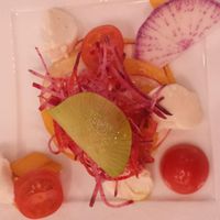 (upsidedown) fresh salad with Artisan Vegan Cheese mozzarella at CHOICE in Kyoto