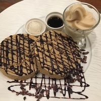 The chocolate pancakes with vegan cashew butter, maple syrup, and rice ice cream at CHOICE in Kyoto