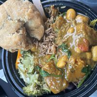 Sweet potato and chickpea curry with rice and pea and a dumpli  at Radcliffe Market in Radcliffe