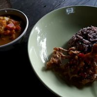 Pumpkin curry with brown rice and deep fried mushroom at Happy Green in Chiang Mai