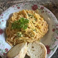 Spaghetti w/“cheese"  at Vegan Soul Cafe in Penida Island