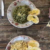 Pesto Pasta and Garlic bread, creamy pastaa  at Vegan Soul Cafe in Penida Island