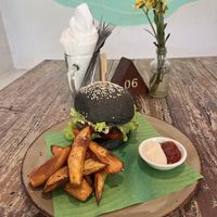 Veggie burger with sweet potato fries  at Vegan Soul Cafe in Penida Island
