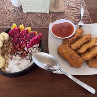 Mango magic bowl and crispy tempe  at Aura Bowls in 