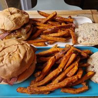 We halved the burgers so we could try two different flavours - both amazing! at Hank Cuisine Végétale - Archives in Paris