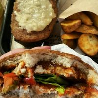 Burger, fries and dessert  at Hank Cuisine Végétale - Archives in Paris