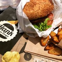 The La Catcheuse burger: creamy mustard sauce and alfalfa. With a side of potatoes. at Hank Cuisine Végétale - Archives in Paris