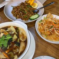 dumpling soup, salad, pad thai  at Sunflower Thai Vegetarian Restaurant in Auckland