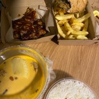 Massaman and rice, fish and chips, and desert roti special  at Sunflower Thai Vegetarian Restaurant in Auckland