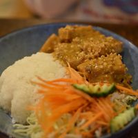 Pra ram crispy tofu on rice at Sunflower Thai Vegetarian Restaurant in Auckland