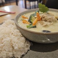 Green Curry and Rice with Faux Chicken at Sunflower Thai Vegetarian Restaurant in Auckland