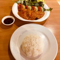 My dinner: Vege Mock Fried Chicken with Satay (peanut sauce) at Sunflower Thai Vegetarian Restaurant in Auckland