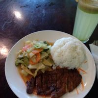 Soy duck and a freshly squeezed greenstuff juice. at Sunflower Thai Vegetarian Restaurant in Auckland