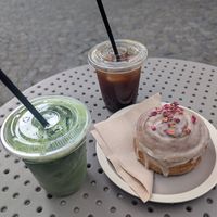 Iced matcha oat latte, iced Americano, glazed cinnamon roll at High Grade Coffee in East London