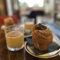 Hot pear and cinnamon drink and Nutella crufin  at Café Club Míšeňská in Prague