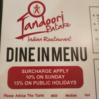 Menu Aug 2024 at Tandoori Patake in Bendigo