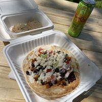 Tlayuda with tempeh chorizo and wedding cookies  at Fancy Plants - Food Truck in Ellsworth