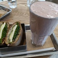 Pesto sandwich and strawberry milkshake. at Plants By Us in Helsinki