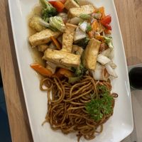 Fried noodles with tofu and vegetables in garlic sauce  at Bamboo in Hrensko