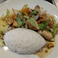Cashew sauce with rice, tofu and vegetables at Sukawatee  in St Albans