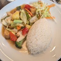 Sweet and sour sauce veg + tofu with rice at Sukawatee  in St Albans