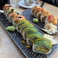 Momo and Rainbow rolls  at Sushi Momo in Toronto