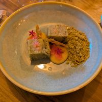 Matcha cake with pomelo cream and crumble at laska in Saint Pierre