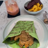 Wrap with pumpkin and plant-based meat. Crisps on the side.  at Ikan Restaurant, Lounge & Bar at The Westin Resort in Nusa Dua