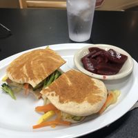 Veggie and hummus flat bread with pickled beetroot   at Stations Cafe in Bethlehem