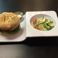 Vegetarian Burger with Cucumber salad - fresh baked bun - to die for!! at Stations Cafe in Bethlehem