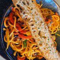 Mediterranean pasta with sour dough bread at The Boathouse in Antrim