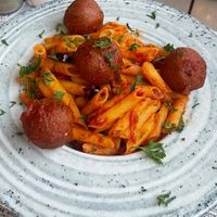 Vegan pasta with vegan meatballs at Ambience Bar Faliraki in Rhodes