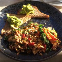 Tofu scramble and soy cappuccino at Invita Living Food in Melbourne