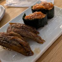 Eggplant unagi style, ume and tomato nigiri at Shojin Sushi Minamo in Osaka