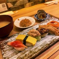 Full platter with miso soupp and  at Shojin Sushi Minamo in Osaka