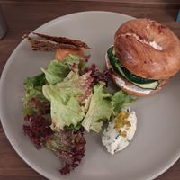 Chorizo bagel with Hummus on the side at Folksaka in Osaka