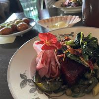 Hovedret, terrin af rødbede med nye kartofler   at Café Fuut Fuut  in Kirke Hvalsoe