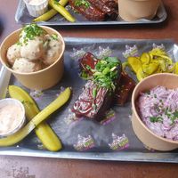 Ribs, potato salad, slaw at Saint Monday in East London