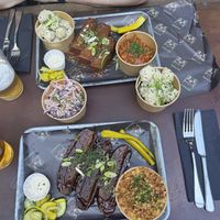 Brisket plate and ribs place withan extra side of potato salad.   at Saint Monday in East London