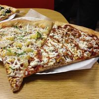 Vegan Hawaiian and T. Hanks slices. at Vinnie's Pizzeria in Brooklyn