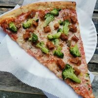 Vegan chicken teriyaki & broccoli at Vinnie's Pizzeria in Brooklyn
