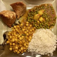 Samosas, aloo matar, basmati rice, garbanzo beans at Himalayan Restaurant in Big Bear Lake
